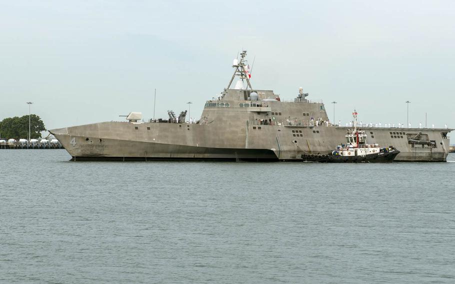 The USS Coronado arrives at Changi Naval Base, Singapore, for a rotational deployment, Sunday, Oct. 16, 2016. The Coronado is the first trimaran-hulled variant of the fast, shallow-draft ships to deploy to Southeast Asia on a two-crew, rotational basis.