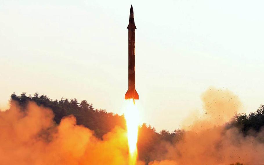 This undated image released in May by the Korean Central News Agency shows a missile being launched from North Korea.