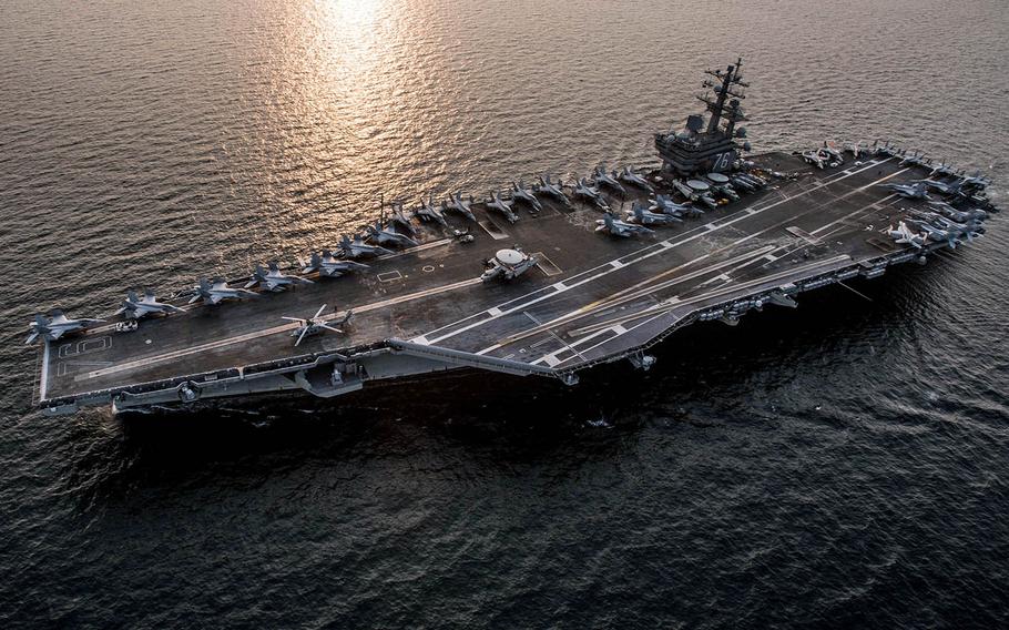 The Navy's only forward-deployed aircraft carrier, the USS Ronald Reagan, transits waters near the Korean Peninsula in 2016.