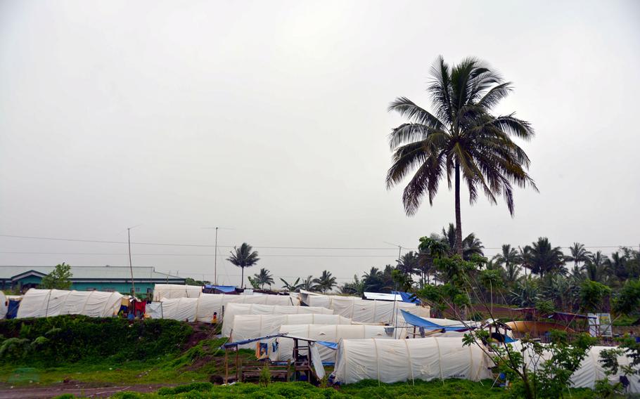 A camp for displaced Muslims whose homes were destroyed during the battle to liberate Marawi stands just outside the Philippine city, Wednesday, Nov. 8, 2017.