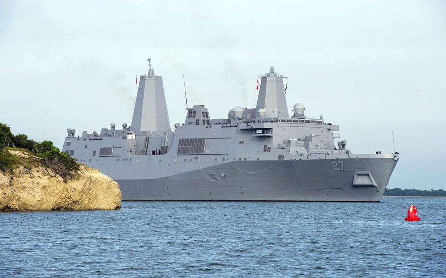 The amphibious warship Portland LPD-27 transits Guantanamo Bay, Jan. 2, 2018. It is scheduled for a commissioning ceremony in its namesake city of Portland, Oregon, in April and has been tapped to be the flagship for this summer's Rim of the Pacific exercise in Hawaii.