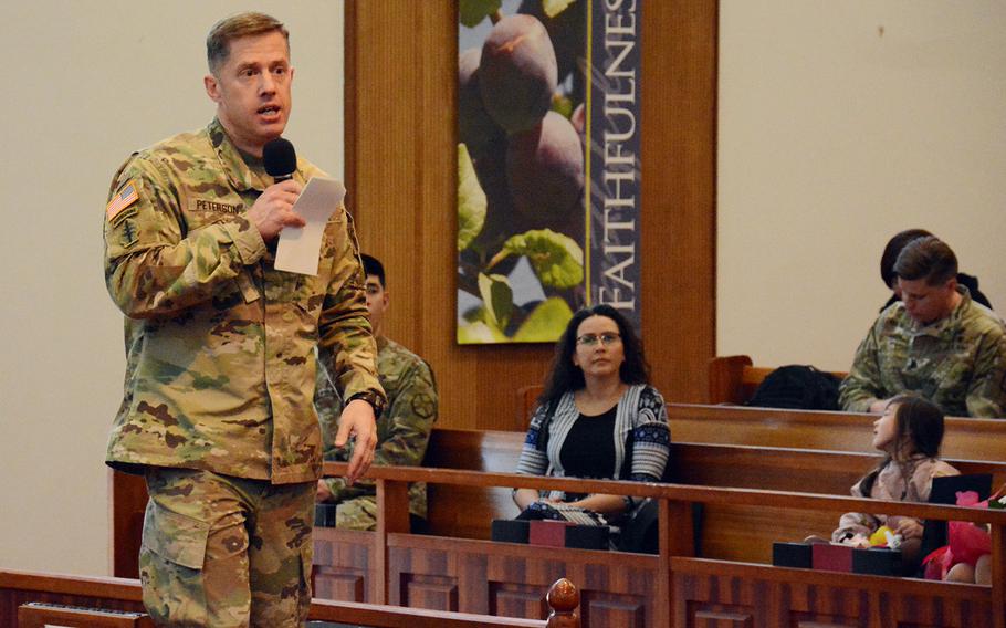 Col. Scott Peterson, Yongsan Garrison commander, speaks during a town-hall meeting, Tuesday, Feb. 13, 2018.