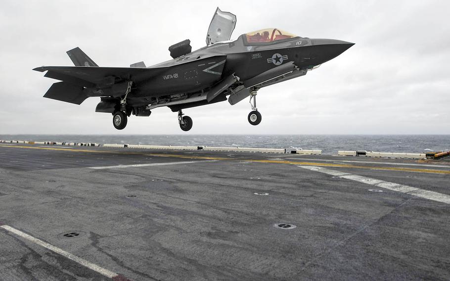 A Marine Corps F-35B Lightning II aircraft with Marine Fighter Attack Squadron 121 touches down on the amphibious assault ship USS Wasp, March 4, 2018.