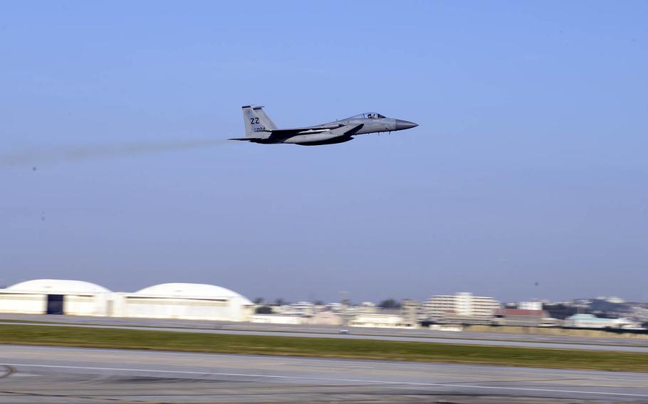 An Air Force F-15 Eagle takes off at Kadena Air Base, Japan, Feb. 13, 2018.