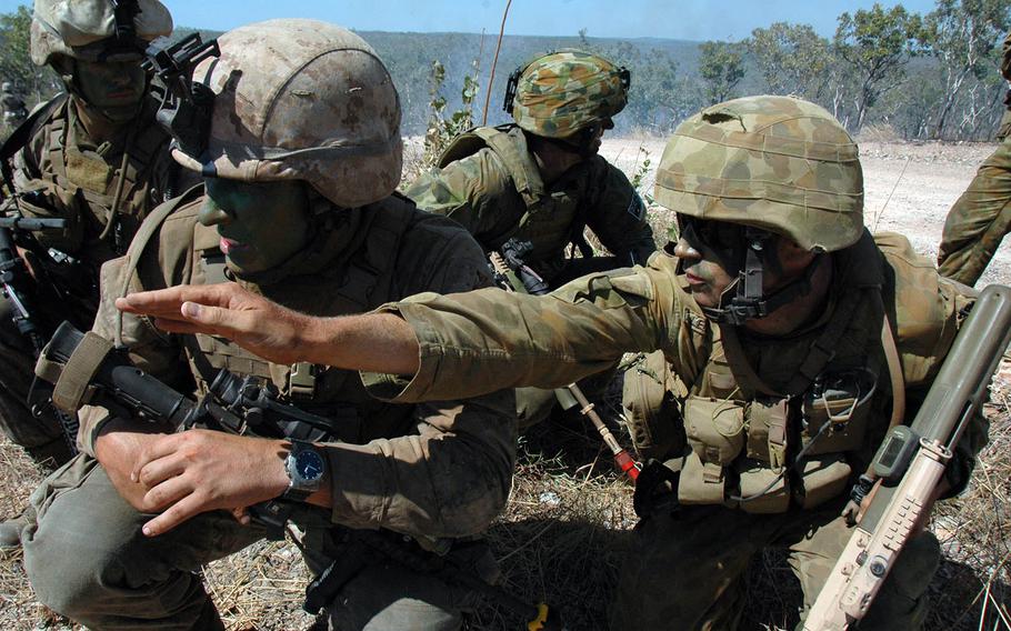 U.S. Marines and Australian soldiers train at Mount Bundey Training Area during a past rotational deployment to Darwin, Australia.