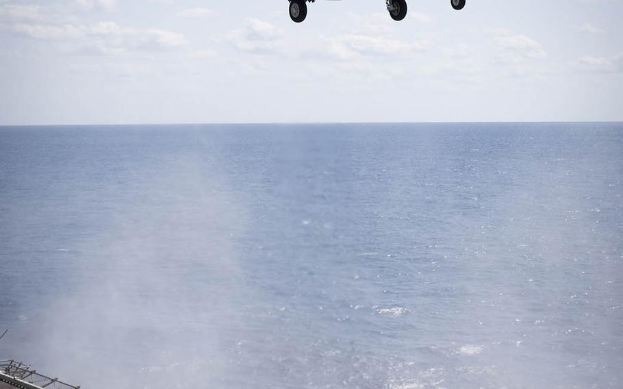 An F-35B Lighting II from Marine Fighter Attack Squadron 121 lands aboard the USS Wasp, Friday, March 23, 2018.