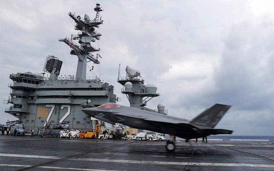 An F-35C Lightning II lands on the flight deck of the aircraft carrier USS Abraham Lincoln last month in the Atlantic Ocean.