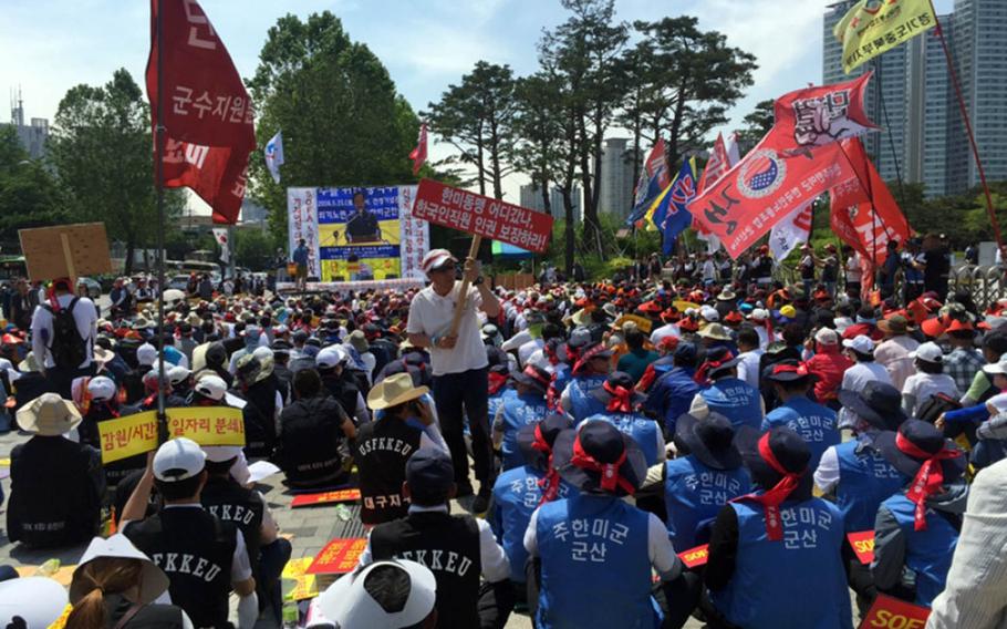 South Korean civilian employees working on U.S. bases rally near U.S. Army Garrison Yongsan in Seoul in 2016 amid fears about job losses and benefits as most American forces prepare to relocate to regional hubs south of Seoul.