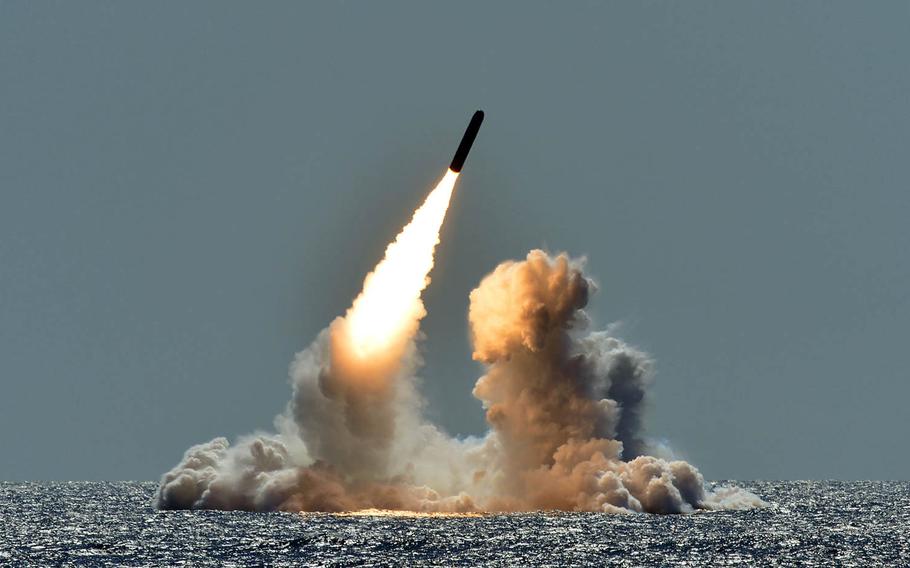 An unarmed Trident II D5 missile launches from the ballistic-missile submarine USS Nebraska off the coast of California, March 26, 2018, as part of a U.S. Navy Strategic Systems Program demonstration.