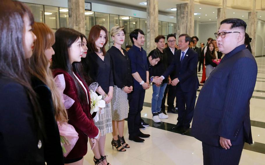 South Korean K-Pop group Red Velvet meets with North Korean leader Kim Jong Un in Pyongyang, April 2, 2018.