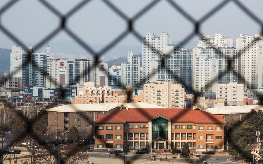 The skyline of Uijeongbu, South Korea, overlooks the 2nd Infantry Division headquarters at Camp Red Cloud, March 3, 2017.