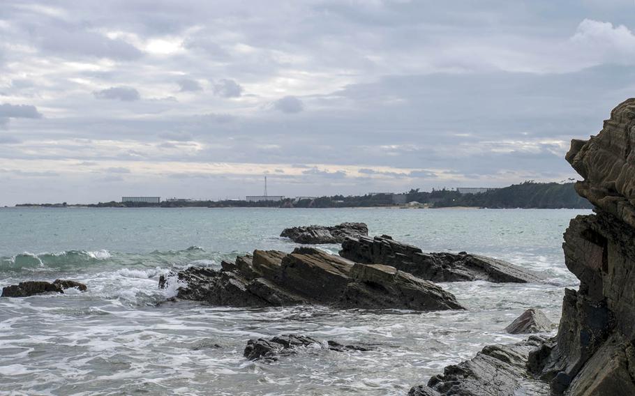 The Marine Corps' Camp Schwab is seen across Oura Bay, Okinawa, in February 2016.