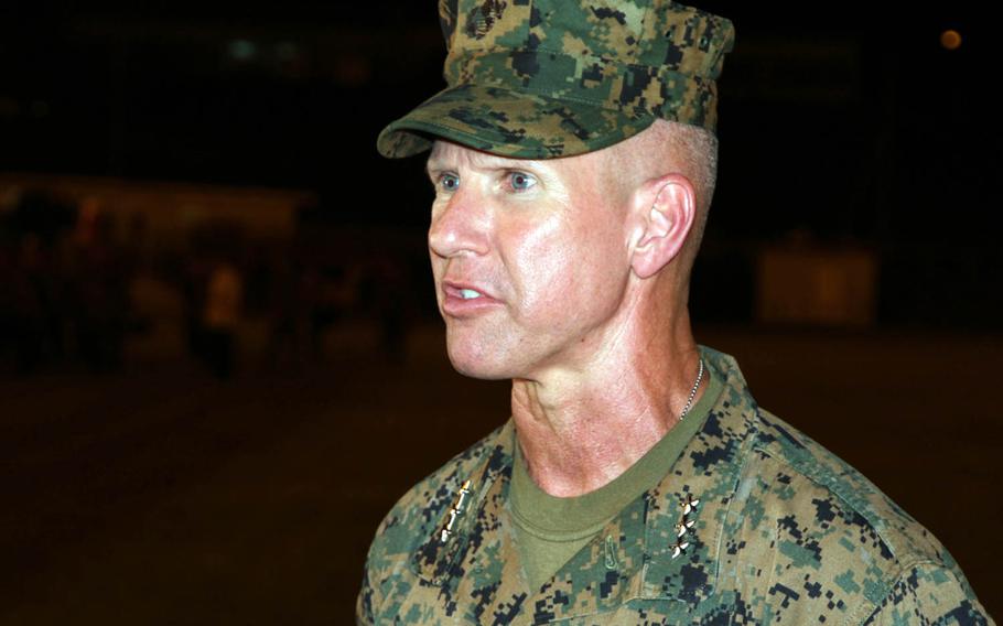 Lt. Gen. Eric Smith speaks to reporters after taking command of the III Marine Expeditionary Force at Camp Courtney, Okinawa, Thursday, Aug. 2, 2018.