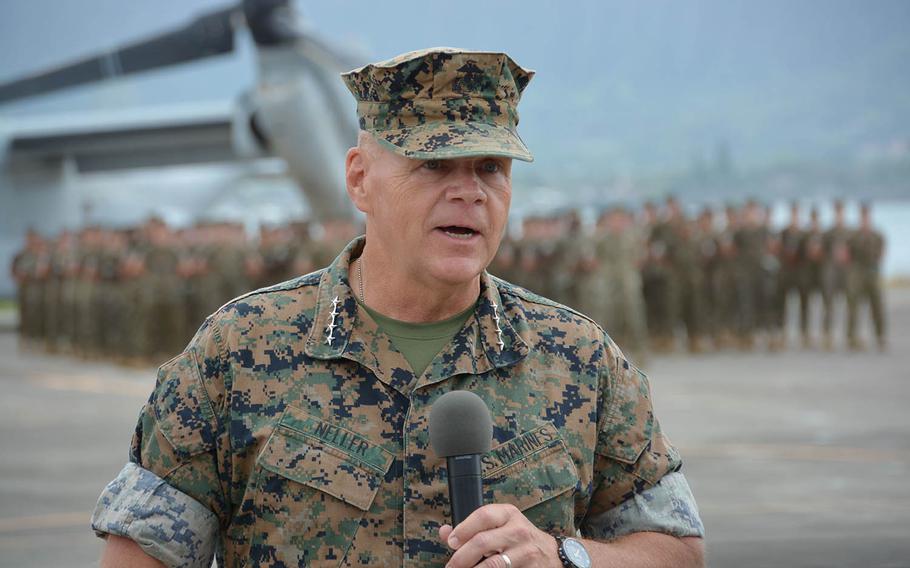 Commandant of U.S. Marine Corps Gen. Robert Neller speaks at the change-of-command ceremony at Marine Corps Base Hawaii, Wednesday, Aug. 8, 2018.