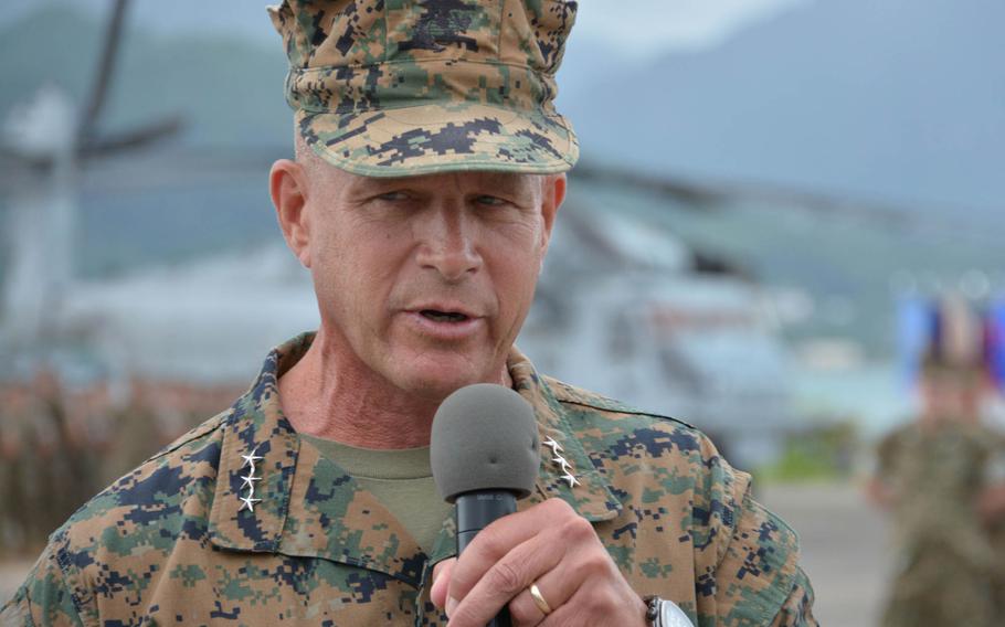 Lt. Gen. Lewis Craparotta, incoming commander of Marine Corps Forces Pacific, addresses the audience at the change-of-command ceremony at Marine Corps Base Hawaii, Wednesday, Aug. 8, 2018.