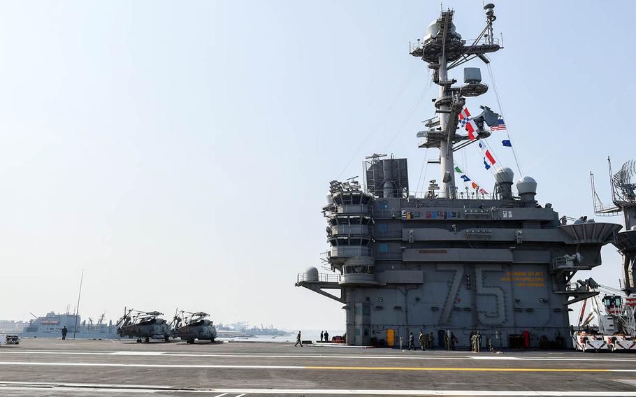 The aircraft carrier USS Harry S. Truman departs Naval Station Norfolk, Va., Tuesday, Aug. 28, 2018.