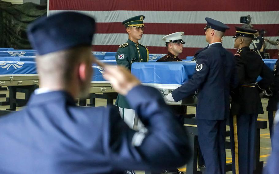 Members of the United Nations Command Honor Guard take part in a repatriation ceremony at Osan Air Base, South Korea, Aug. 1, 2018.