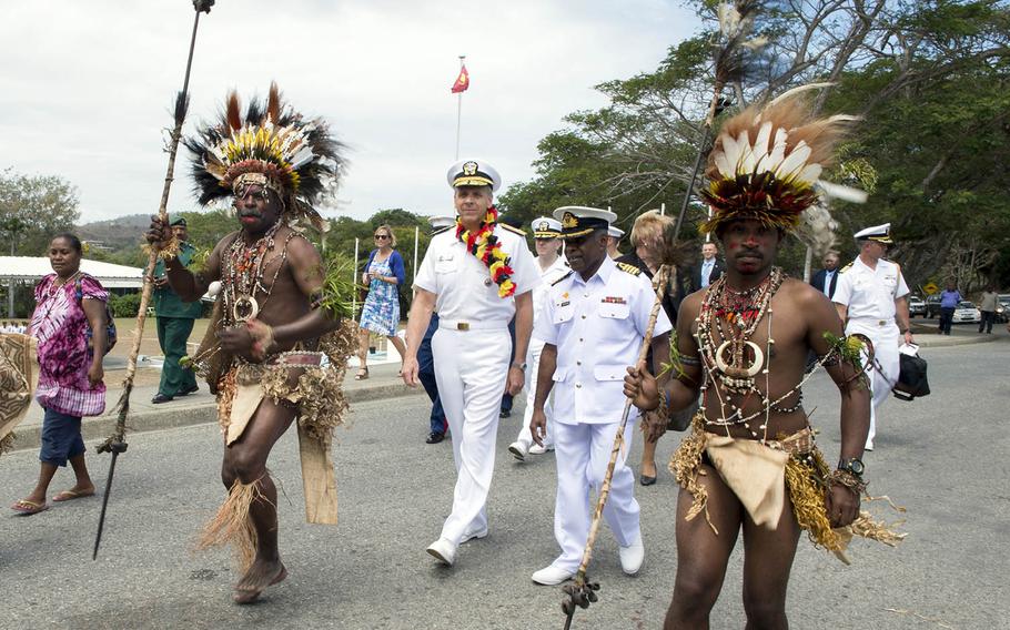 Adm. Phil Davidson, commander of Indo-Pacific Command, participates in a traditional Papua New Guinea welcome ceremony in Port Moresby, Aug. 22, 2018.