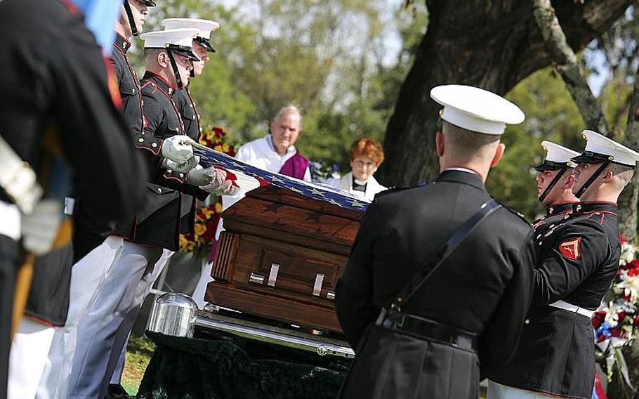 Marines render military honors for 1st Lt. Alexander Bonnyman Jr. in Knoxville, Tenn., on Sept. 27, 2015. He was killed during the Battle of Tarawa in 1943, and was posthumously awarded the Medal of Honor for his actions there.