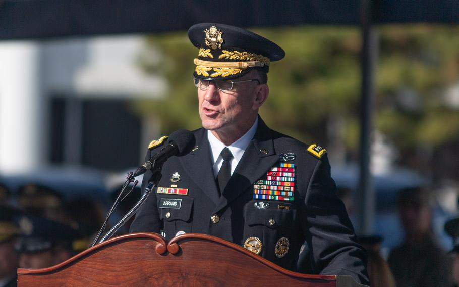 Gen. Robert Abrams, U.S. Forces Korea commander, speaks during a repatriation ceremony at Yongsan Garrison in Seoul, South Korea, Tuesday, Nov. 20, 2018.