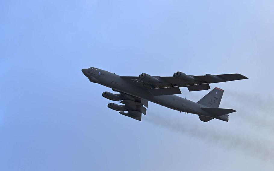 An Air Force B-52 Stratofortress bomber takes off earlier this year from Andersen Air Force Base, Guam.