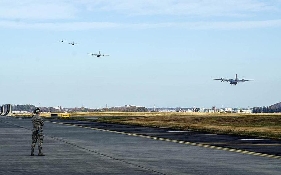 C-130J Super Hercules aircraft from the 36th Airlift Squadron take off for the Samurai Surge exercise at Yokota Air Base, Japan, Thursday, Nov. 29, 2018.