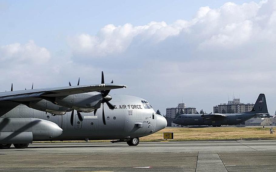 Eleven C-130J Super Hercules aircraft from the 36th Airlift Squadron participate in the Samurai Surge exercise at Yokota Air Base, Japan, Thursday, Nov. 29, 2018.