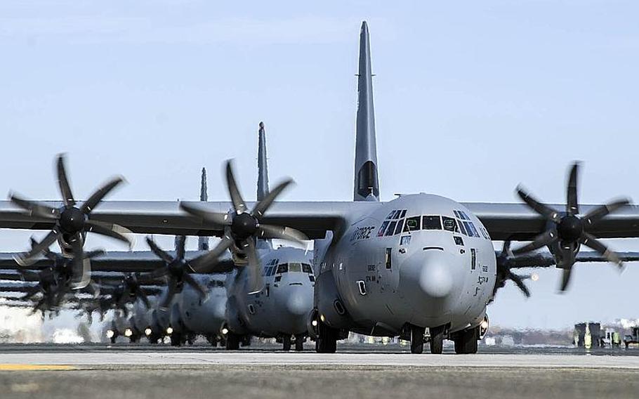 Eleven C-130J Super Hercules aircraft from the 36th Airlift Squadron participate in the Samurai Surge exercise at Yokota Air Base, Japan, Thursday, Nov. 29, 2018.