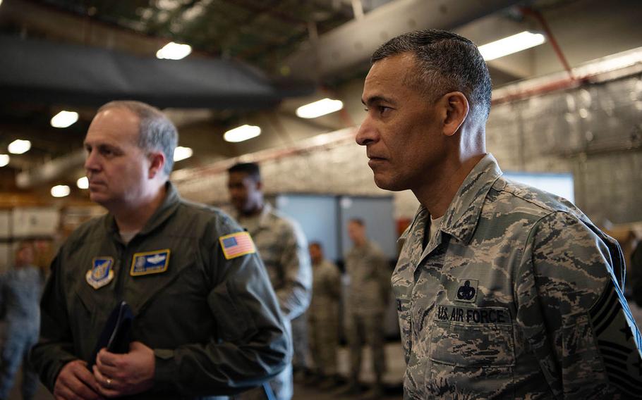 U.S. Forces Japan commander Lt. Gen. Jerry Martinez, left, and Chief Master Sgt. Terrence Greene visit Kadena Air Base, Japan, last month.