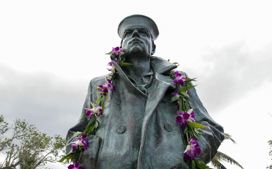 A Lone Sailor statue stands watch at the Ricardo J. Bordallo Governor's Complex in Hagatna, Guam, Dec. 15, 2018.