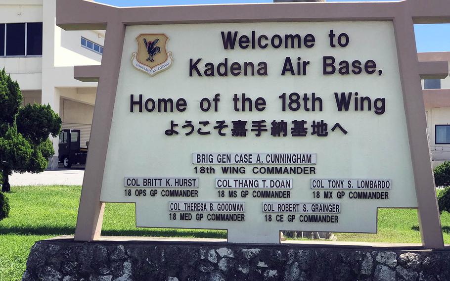 A sign near the Kadena Air Base flight line welcomes arrivals to the home of the 18th Wing in Okinawa, Japan, Sept. 17, 2018.