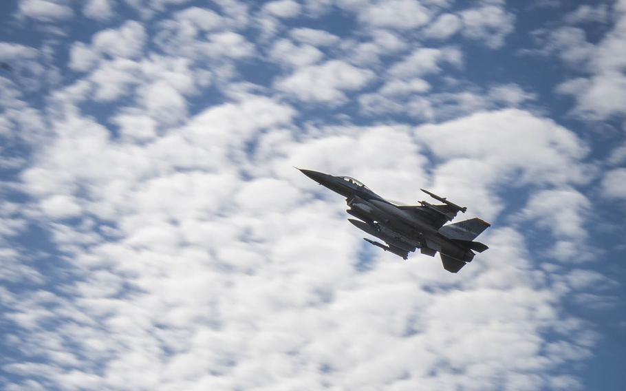 An F-16 Fighting Falcon soars over Draughon Range near Misawa Air Base, Japan, Oct. 12, 2018.