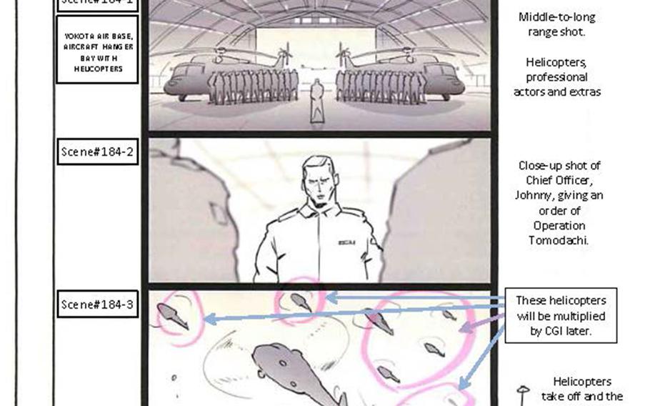 Storyboard drawings of the "Fukushima 50" scenes to be shot at Yokota Air Base, Japan, include airmen standing in formation in a hangar, a command center meeting of military officers and helicopters swarming in the sky.