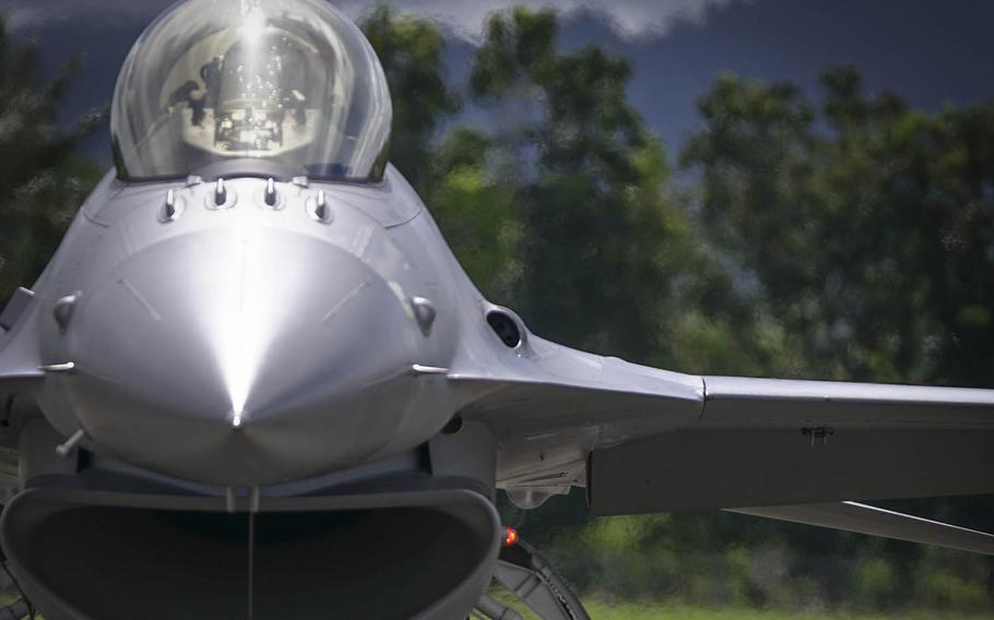 An F-16C Fighting Falcon assigned to the 35th Fighter Wing at Misawa Air Base, Japan, is seen at Sam Ratulangi International Airport, Indonesia, March 20, 2018.