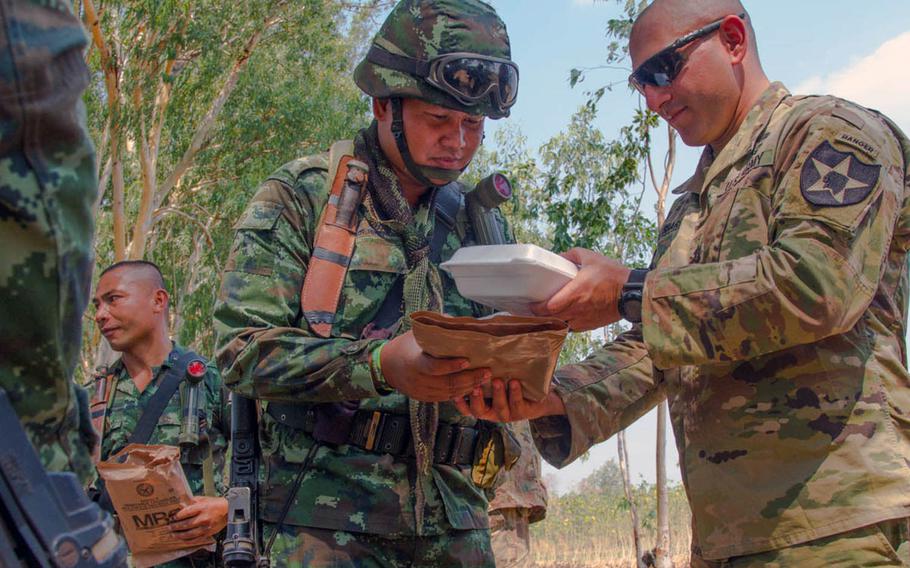 American and Thai soldiers swap lunches during Hanuman Guardian on Jan. 29, 2019, in Sa Kaeo province, Thailand.