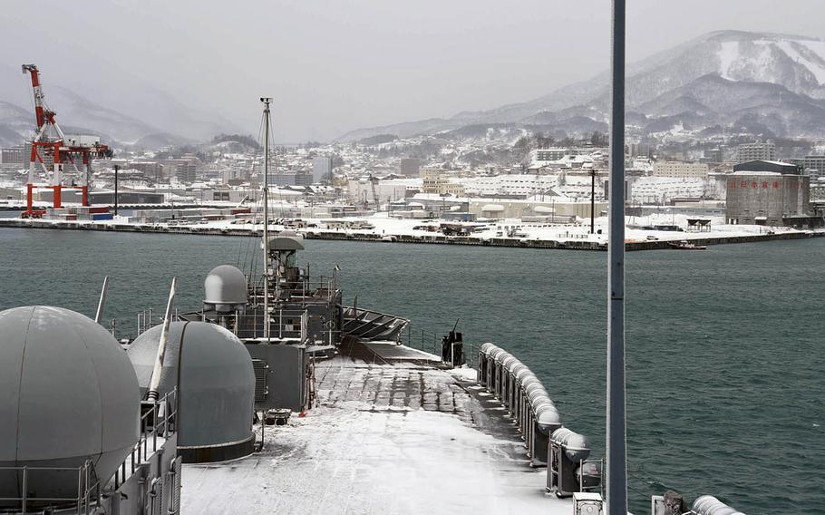 The U.S. 7th Fleet flagship USS Blue Ridge arrives Friday, Feb. 8, 2019, for a port visit at Otaru, Japan.