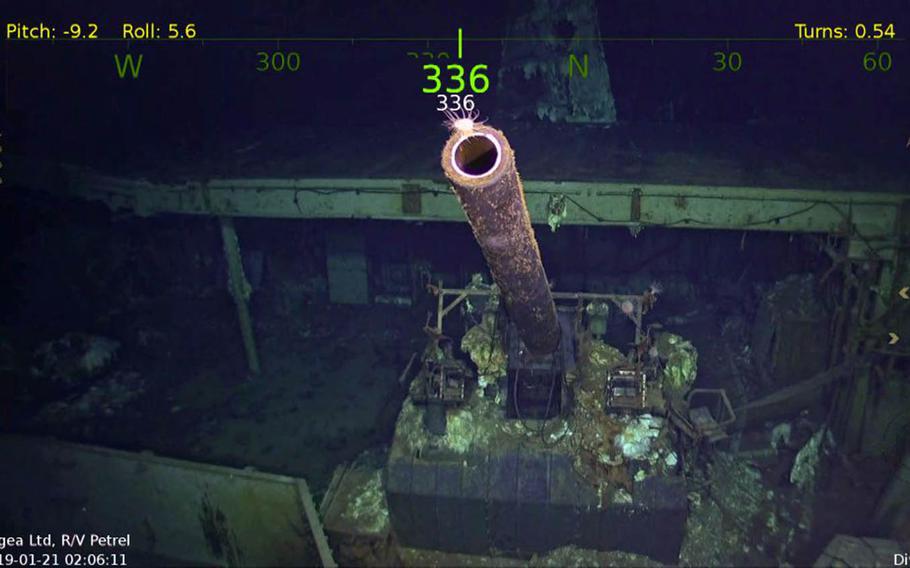 A 5-inch gun on the wreck of the USS Hornet, which was discovered in late January under 3 miles of water near the Solomon Islands in the South Pacific Ocean.