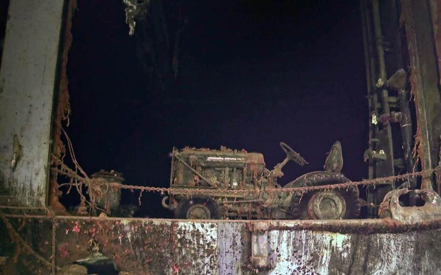 An International Harvester brand aircraft tug sits upright on a deck of the World War II carrier USS Hornet, which was discovered and photographed last month by a search team on the vessel Petrel.