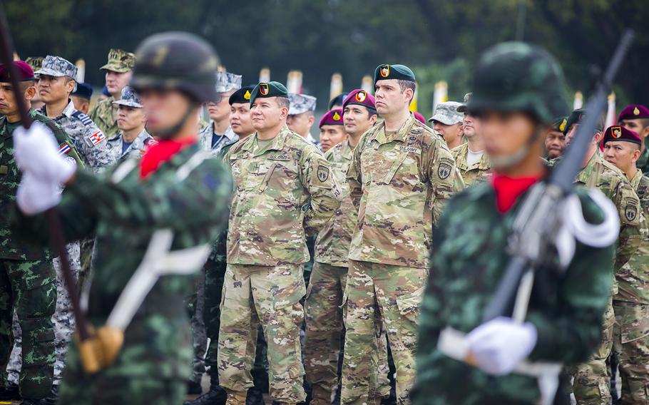 Servicemembers attend the Cobra Gold opening ceremony at Camp Akatotsarot in Phitsanulok, Thailand, Tuesday, Feb. 12, 2019.