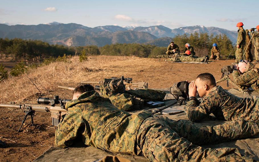 Marine snipers from 2nd Battalion, 23rd Regiment, sharpen their skills alongside snipers from Japan's 7th Regiment, Middle Army, Feb. 6, 2019, during Exercise Forest Light 19-2 at Aibano Exercise Area near Takashima, Japan.