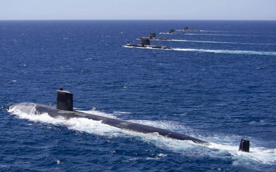 The USS Santa Fe, foreground, is shown in this undated photo shared by Rear Adm. Jonathan Mead of the Royal Australian Navy on Tuesday, Feb. 19, 2019.