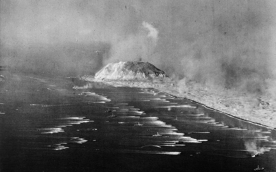 U.S. forces approach the Japanese island of Iwo Jima, now known as Iwo To, on Feb. 19, 1945.