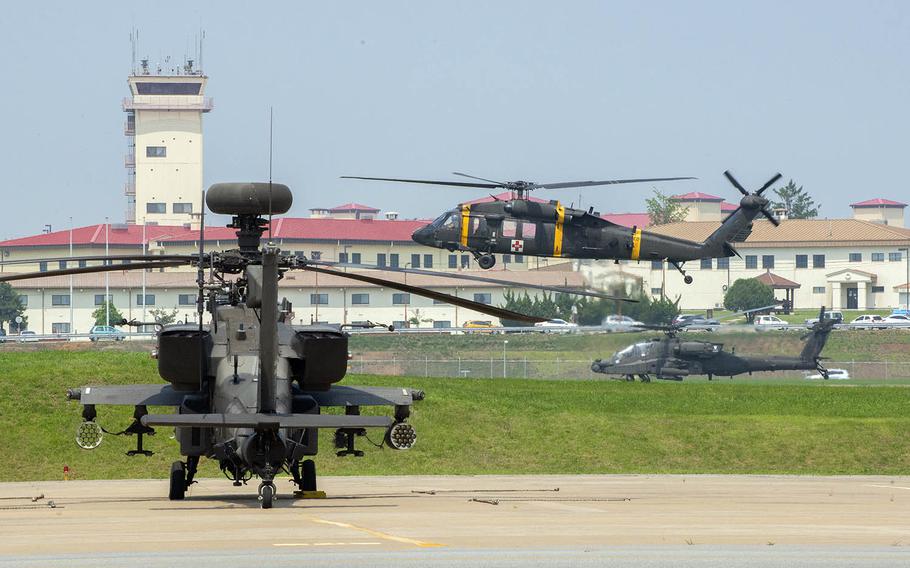 Camp Humphreys in South Korea has a bustling airfield that includes helicopters from the 2nd Combat Aviation Brigade.