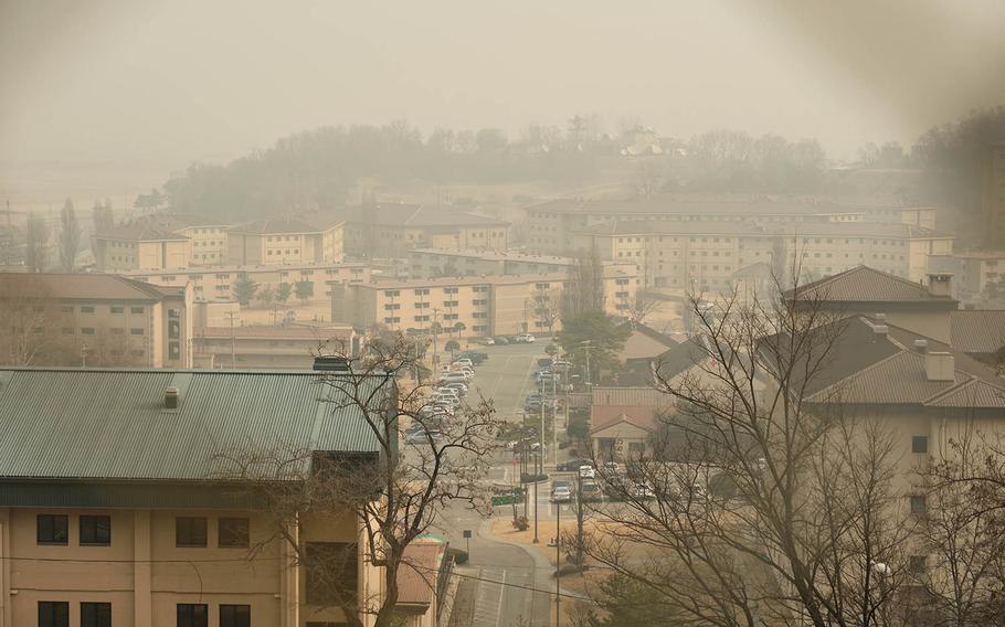 Haze surrounds the barracks at Osan Air Base, South Korea, Wednesday, March 6, 2019.
