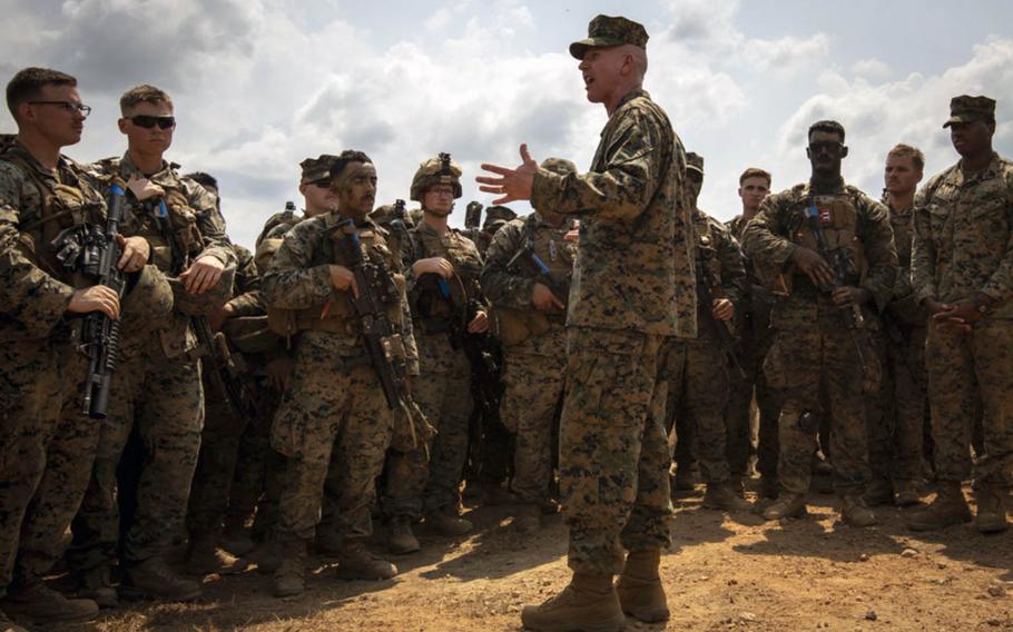 U.S. Marine Corps Lt. Gen. Eric Smith, shown here speaking to troops Feb. 20, 2019, in Thailand, has loosened driving restrictions for III MEF Marines and sailors in Japan.