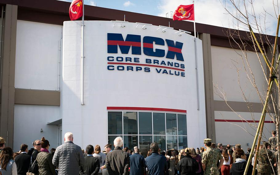Marines, sailors and their families gather for the opening Thursday, March 14, 2019, of the new Marine Corps Exchange at Marine Corps Air Station Iwakuni, Japan.