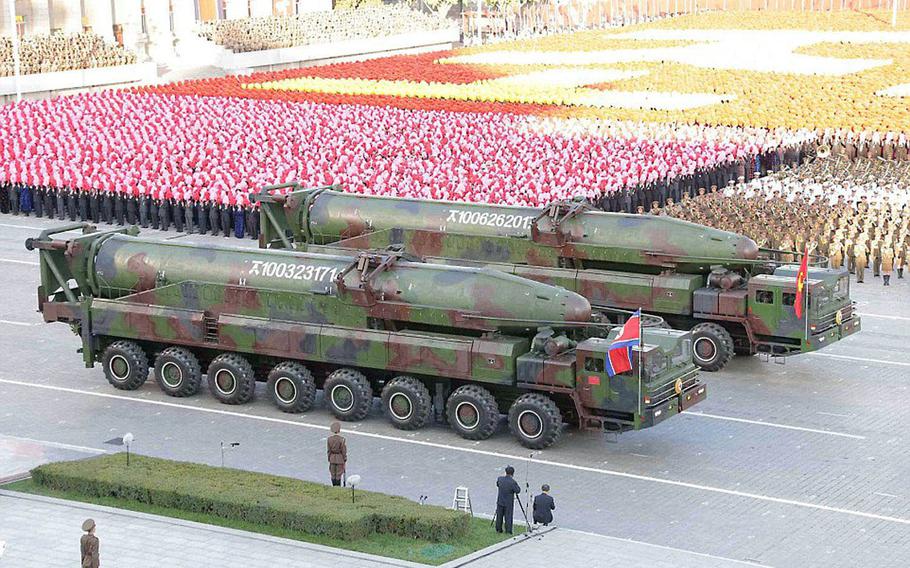 North Korea's KN-08 intercontinental ballistic missile is publicly displayed during a military parade in October 2016.