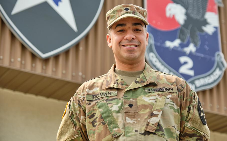 Spc. Jonathan Roman Rios, of the 2nd Combat Aviation Brigade, 2nd Infantry Division, poses at Camp Humphreys, South Korea, Monday, March 25, 2019.