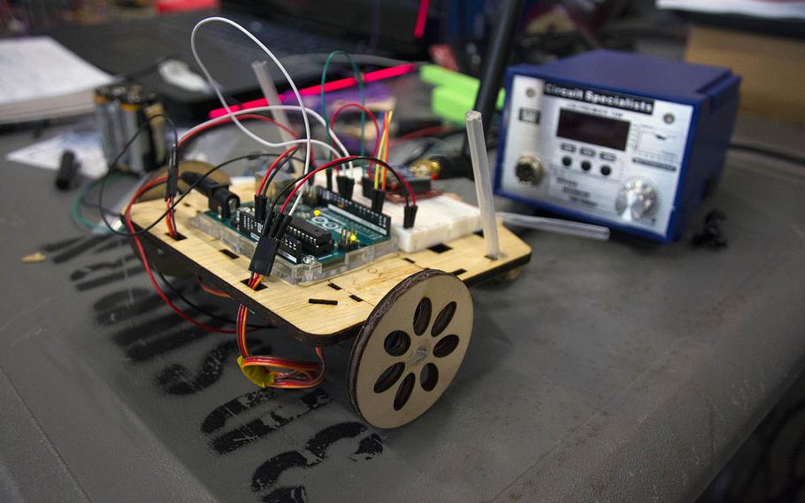 A robot is constructed during a Marine Maker Innovation Boot Camp at Camp Kinser, Okinawa, Japan, on March 15, 2019.