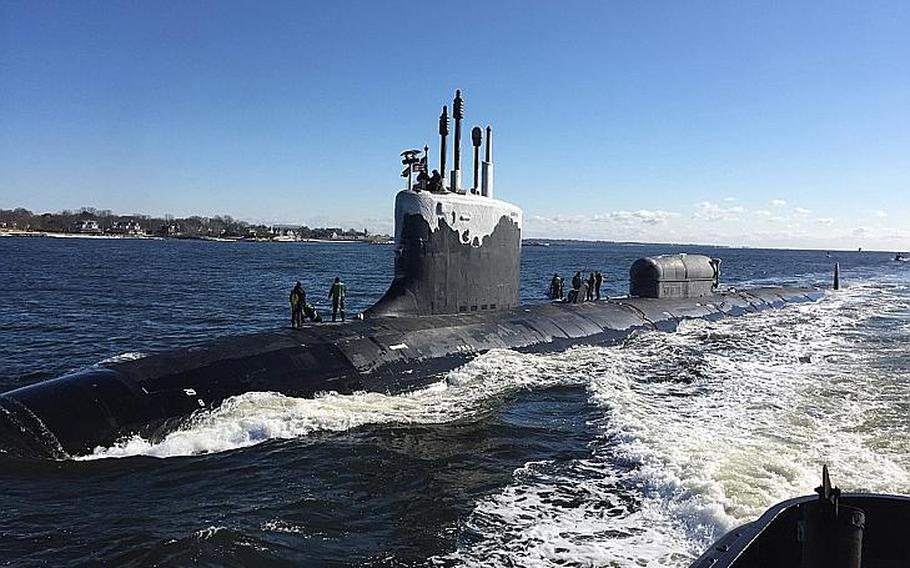 The Virginia-class fast-attack submarine USS North Dakota pulls into Naval Submarine Base New London in Groton, Conn., Jan. 31, 2019.